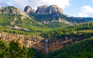 Картинка лес, деревья, горы, скалы, природа, водопад