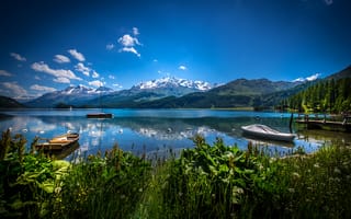Картинка Природа, Горы, Трава, Швейцария, Лодки, Пейзаж, Озеро, Lake Sils