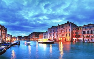 Картинка закат, канал, вечер, cityscape, canal, Italy, panorama, city, Венеция, travel, Europe, view, Италия, огни, Venice, город