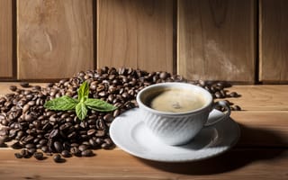 Картинка листья, кофе, coffee, зерна, cup, чашка, beans