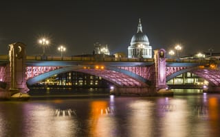 Картинка Лондон, ночь, Собор, мост, река, Павла, Темза, Святого, огни