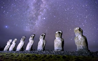 Картинка The Ancients, Магелановы облака, звезды, статуи Моаи, млечный путь, Осторв Пасхи, Рапа-Нуи, ночь