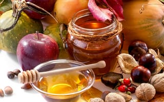 Картинка мед, баночка, фрукты, еда, каштаны, овощи, орехи, яблоко, груши, осень