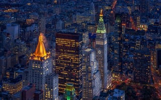 Картинка ночь, США, небоскребы, Нью-Йорк, огни, Манхэттен