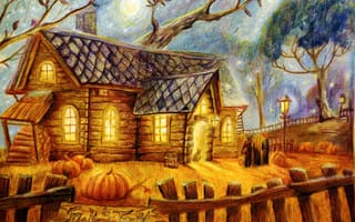 Картинка halloween, дом, забор, хэллоуин, люди, деревья, луна, фонари, тыквы