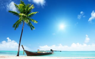 Обои песок, tropical, пальмы, лодка, paradise, beach, sea, берег, palms, summer, island, пляж, солнце, море, sand