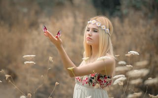Картинка лето, девушка, бабочки, травы, природа, блондинка, цветы, платье