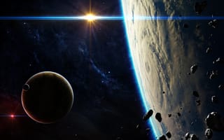 Картинка planets, Sci Fi, blue, light, satellites, asteroids