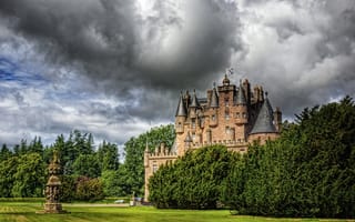 Картинка город, газон, облака, Glamis, замок, Шотландия, HDR