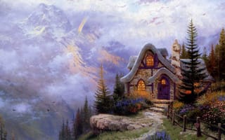 Картинка Thomas Kinkade, Sweetheart Cottage III, живопись, коттедж, дом, ель, горы, каменный, ландшафт, склон горы
