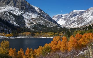 Картинка озеро, снег, горы, осень, деревья, листва