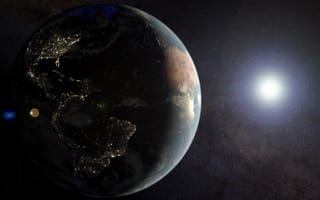 Картинка космос, звезды, поверхность, земля, огни, планета