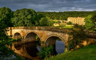 Картинка зелень, трава, мост, река, дворец, Derbyshire, деревья, Великобритания
