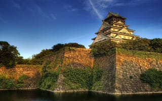 Картинка небо, вода, ров, Осака, самурайский замок в Осаке, деревья, Япония, каменная насыпь