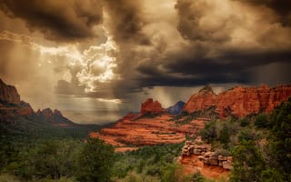 Картинка США, Аризона, Седона, шторм, лето, пустыня, скалы, свет