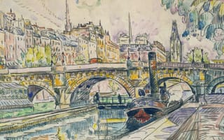 Картинка Буксир у Моста Пон-Нёф. Париж, акварель, Поль Синьяк, рисунок, городской пейзаж