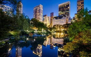 Картинка река, Манхэттен, здания, Central Park, ночной город, Нью-Йорк, New York City, Manhattan, отражение, Центральный парк