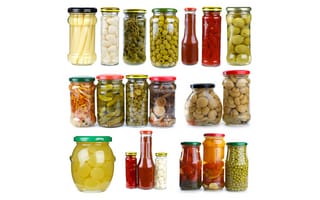 Картинка грибы, горошек, лук, банка, белый, овощи, помидоры, перец