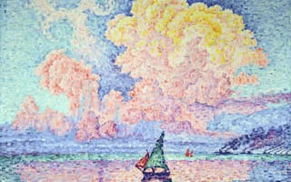 Картинка море, лодка, Поль Синьяк, пуантилизм, картина, Розовое Облако, Антиб, парус, пейзаж
