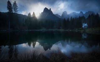 Картинка деревья, Italian Dolomites, горы, озеро, домик