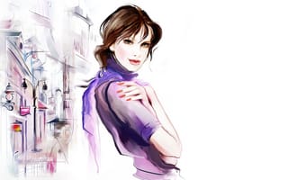 Картинка Tatiana Nikitina, отражение, лужи, улица, рука, фонарь, шарф, взгляд, дома, девушка, волосы