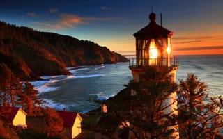 Картинка Central Oregon, США, природа, маяк, побережье, море