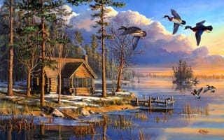 Картинка sunrise, flying, house, forest, painting, ducks, Mary Pettis, Spring Arrivals, spring, lake