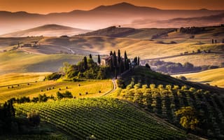 Обои Toscana, Тоскана, сено, утро, восход, стоги, фермы, Italy, деревья, поля, природа, Tuscany, холмы, пейзаж, Италия, солнце