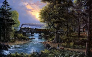 Картинка bridge, sunset, painting, train, trees, river, Jesse Barnes, boy, cat, Cherished Companions