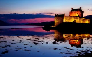 Картинка тучи, отражение, вечер, шотландия, закат, небо, подсветка, вода, замок