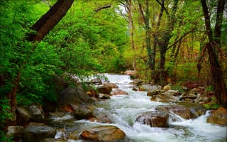 Обои река, Весна, Spring, Waterfall, Водопад, Природа, Поток, Зелень, Flow, Камни, Nature