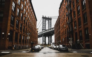 Картинка мост, city, Америка, улица, после дождя, Нью Йорк, Манхэттен, архитектура, дома, USA, фонари, вечер, город, США, Бруклин, Нью-Йорк