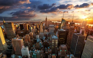 Картинка Rockefeller Center, небоскребы, USA, New York City, рассвет, США, Нью-Йорк, NYC, город, мегаполис, панорамма