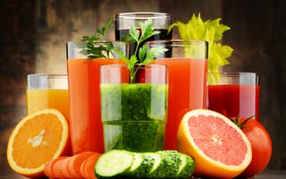 Картинка зелень, стакан, сок, огурцы, грейпфрукт, морковь, помидоры, апельсин