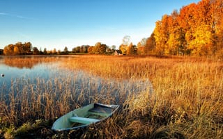 Картинка осень, домики, озеро, лодка, деревья
