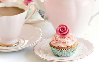 Картинка пирожное, посуда, цветок, десерт, розовый, розочка, кофе, кекс, крем, еда