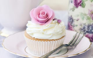 Картинка пирожное, кекс, сладкое, розочка, белый, посуда, крем, еда, сладости, цветок, десерт