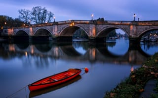 Картинка ночь, Ричмондский мост, лодка, Лондон, арка, Англия