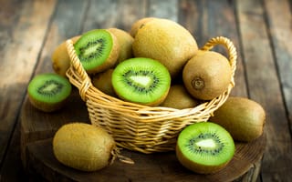 Картинка корзина, доски, фрукты, киви, чурка, боке