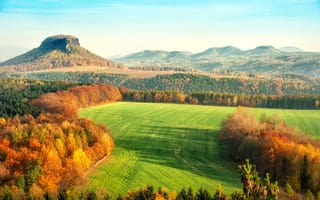 Картинка Elbsandsteingebirge, холмы, пейзаж, осень, листья, Sächsische Schweiz, деревья, оранжевые, желтые, Эльбские Песчаниковые горы, Саксонская Швейцария, природа, Германия