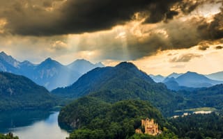 Картинка панорама, природа, Germany, пейзаж, замок, лес, Schwangau, горы, 