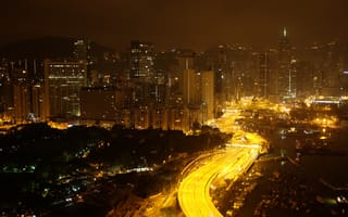 Обои Hong Kong, Дорога, City, Панорама, Ночь, Panorama, Китай, Night, Огни, Road, Здания, Гонконг, China