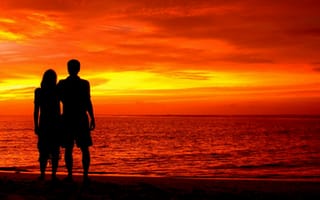 Картинка Romantic silhouette, Мальдивы, Maldives, love, landscape, Indian Ocean, красивый красный закат небо, loving couple, Романтические силуэт, Индийский океан, природа, любовь, пейзаж, nature, beautiful red sky sunset, влюбленная пара