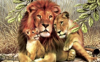 Картинка Lions, leaves, family