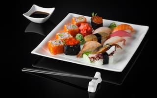 Картинка рис, соус, морепродукты, красная икра, суши, роллы, имбирь