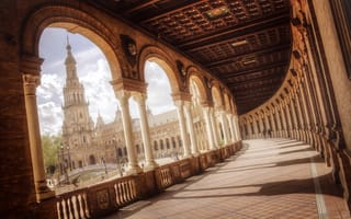Картинка Испания, Sevilla, люди, фонтан, мост, Andalucía, Севилья, колоны, площадь, Spain, Plaza de España, Андалусия