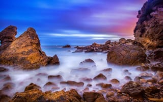 Картинка Corona del Mar, океан, рассвет, USА, камни, скалы, пляж, California