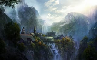 Обои арт, Rivendell, город, горы, пейзаж, The Lord of the Rings