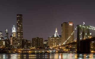 Картинка Дома, Манхэттен, Город, Небоскребы, Мост, Ночь, США, Панорама, Бруклинский мост, Нью-Йорк, Река