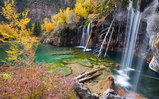 Картинка водопад, озеро, деревья, Hanging Lake, скалы